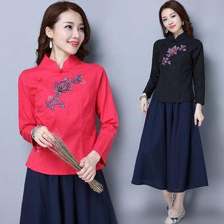 Embroidered Stand-collar Long-sleeve Dress