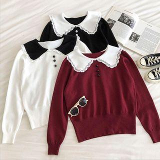 Color-block Peter-pan Collar Lace-trim Long-sleeve Knit Top