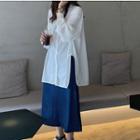Long-sleeve Cutout-side Shirt / A-line Midi Skirt