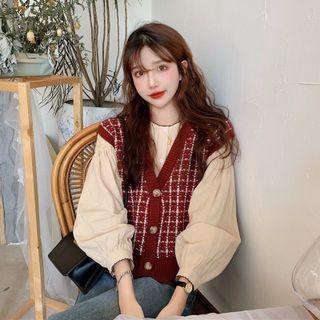 Long-sleeve Blouse / Plaid Button-up Sweater Vest
