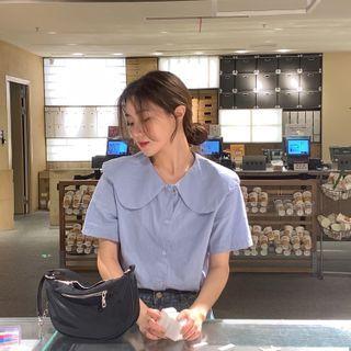 Short-sleeve Peter Pan Collar Plain Shirt Purple - One Size