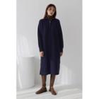 High-neck Zipped Midi Rib-knit Dress Navy Blue - One Size