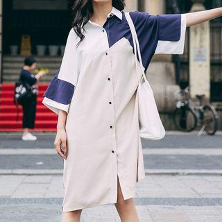 Color Panel 3/4 Sleeve Midi Shirt Dress