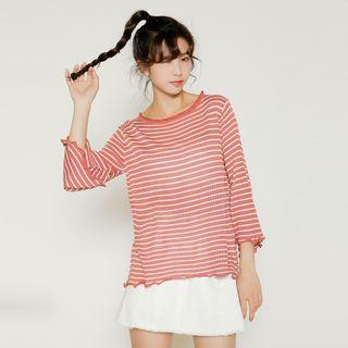 3/4 Sleeve Stripe Frill-trim Knit Top