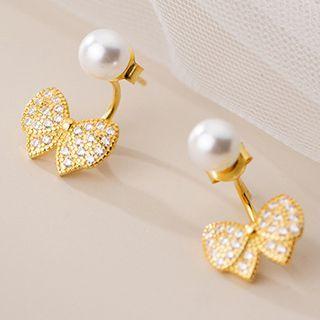 Butterfly Rhinestone Faux Pearl Sterling Silver Swing Earring 1 Pair - S925 Silver - Gold & White - One Size