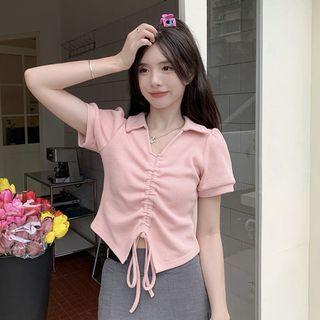 Short-sleeve V-neck Plain Drawstring Cropped T-shirt