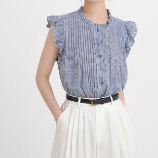 Sleeveless Ruffle Trim Gingham Blouse