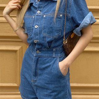 Band-waist Denim Playsuit Blue - One Size