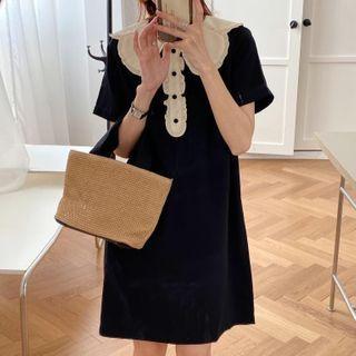 Short-sleeve Frill Trim Polo Dress Black - One Size