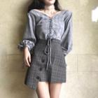 Lace Up V-neck Long-sleeve Blouse / Plaid Mini Skirt