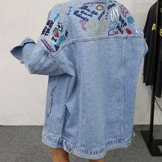 Embroidered Oversize Denim Jacket Light Blue - One Size