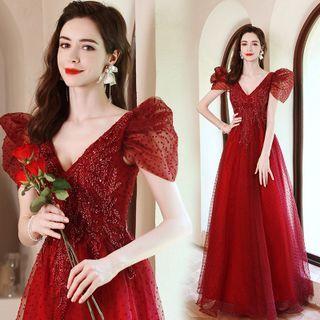 Puff-sleeve V-neck Sequined A-line Evening Gown