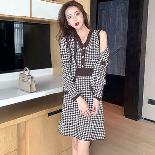 Set: Houndstooth Sleeveless Knit Dress + Cardigan