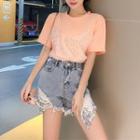 Set: Mock Two-piece Short-sleeve T-shirt + Sequined Distressed Denim Shorts
