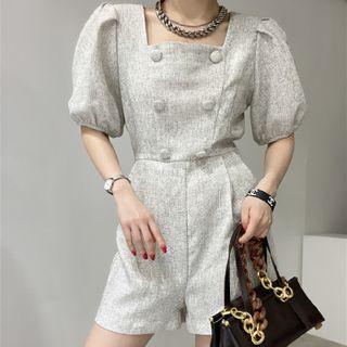 Puff-sleeve Double-breasted Romper