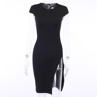 Plain Cap-sleeve Slit Midi Boydcon Dress