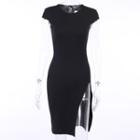 Plain Cap-sleeve Slit Midi Boydcon Dress