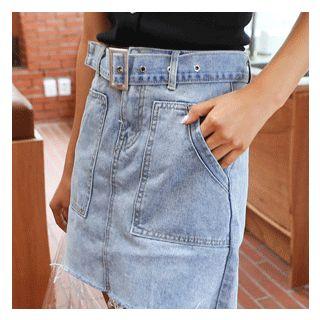 Pocket-detail Denim Skirt With Belt