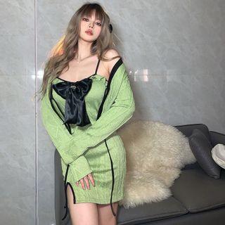 Set: Spaghetti Strap Bow Frill Trim Mini Bodycon Dress + Cardigan