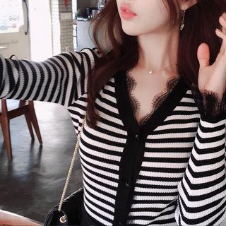 V-neck Lace-trim Plain / Stripe Cardigan