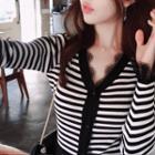 V-neck Lace-trim Plain / Stripe Cardigan