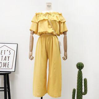 Set: Boatneck Ruffled Crop Top + Wide-leg Pants