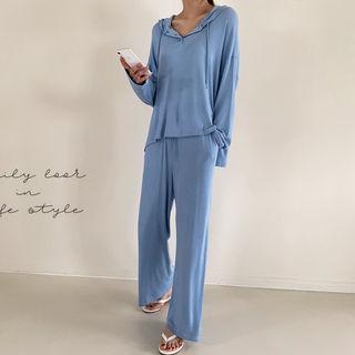 Set: Hooded Button-front Top + Band-waist Pants