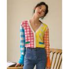 Checked V-neck Cardigan Multicolor - One Size