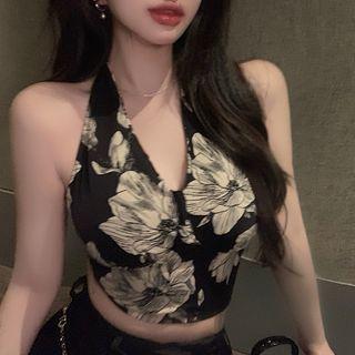 Halter-neck Floral Print Crop Top Black & Coffee - One Size