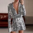 Long-sleeve Zebra Print Mini A-line Shirt Dress