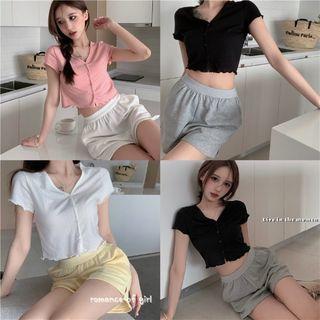 Short-sleeve Plain V-neck Flower Trim Top / Plain Wide Shorts