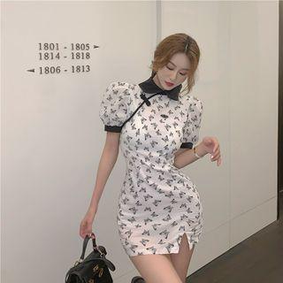 Puff-sleeve Floral Print Mini Bodycon Qipao Dress
