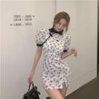 Puff-sleeve Floral Print Mini Bodycon Qipao Dress