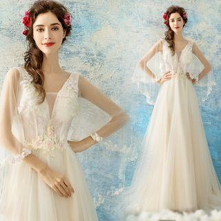 V-neck Applique Tulle-overlay Evening Gown