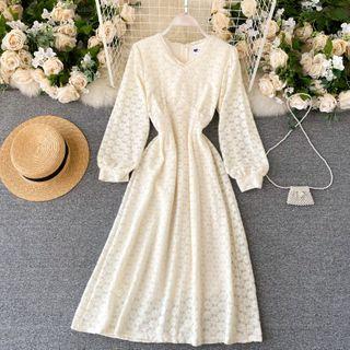 V-neck Flower Trim Lace Dress