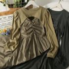 Set: Puff-sleeve Cape Top + Sleeveless Ruched Midi Dress
