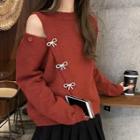 Long-sleeve Off-shoulder Bow Knit Sweater