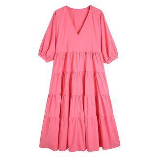 Elbow-sleeve V-neck Tiered Midi A-line Dress