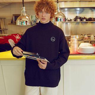 [r:lol] Couple Mock-neck Letter Sweater Black - One Size