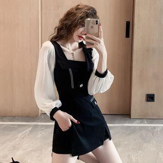 Set: Square-neck Two-tone Blouse + Shorts