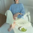 3/4-sleeve Striped T-shirt Stripe - Blue & White - One Size