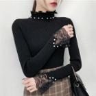 Mock Neck Faux Pearl Lace Panel Knit Top