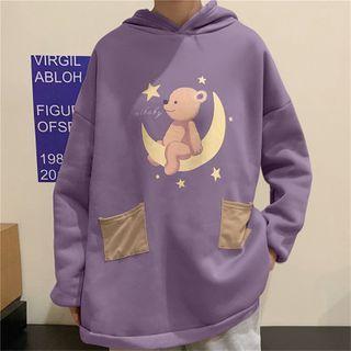 Loose Fit Long-sleeve Bear Printed Hoodie