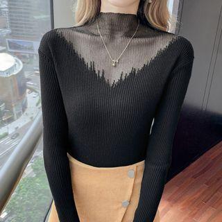 Mock Knit Mesh Panel Knit Top