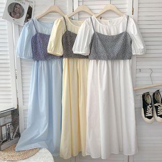 Set Floral Camisole Top + Puff-sleeve Round-neck Dress