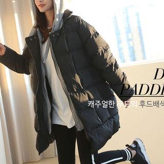 Hood-layered Raglan-sleeve Puffer Coat