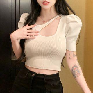 Puff-sleeve Cutout Cropped T-shirt White - One Size