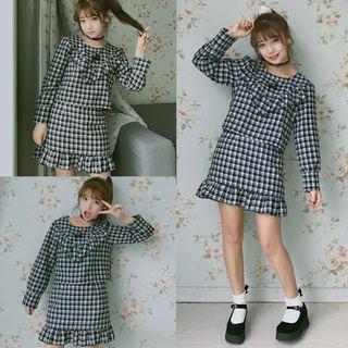 Set: Plaid Long Sleeve Blouse + Frill Trim Mini Skirt