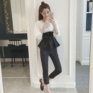 Set Of Two: 3/4 Sleeve Gathered-waist Striped Top + Striped Capri Pants