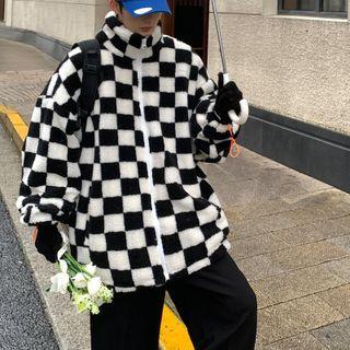 Checkered Faux Shearling Zip Jacket